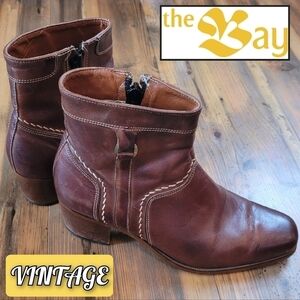 VINTAGE THE BAY Above Ankle Block Heel Boot, Brown Leather, Made in Canada